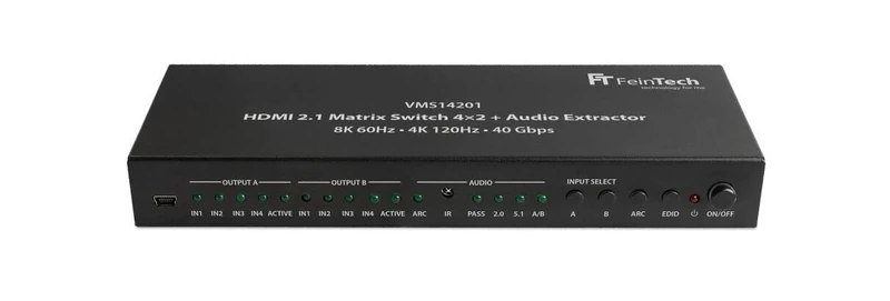 FeinTech VMS14201 HDMI 2.1 Matrix Switch 4x2 Switch 4K 120Hz 8K Ultra HD 4 in 2 Out Audio Extractror ARC Toslink SPDIF Downscaler for Xbox PS5 TV Monitor HDR VRR 40Gbps