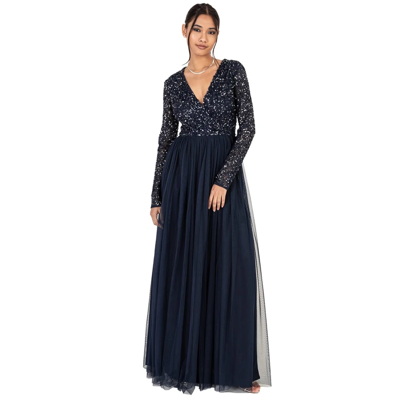 Maya Deluxe Women's Ladies Maxi Dress for Women with Long Sleeves V Neckline Plunging Sequin Embellished for Wedding Guest Bridesmaid Prom Dresses, Navy,