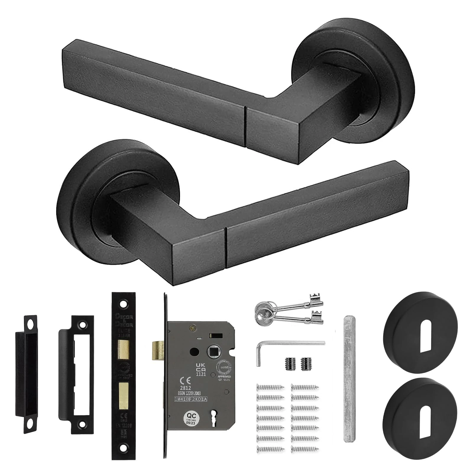 Decoranddecor Lumina Matt Black Door Handles - Black Aluminium Door Lever Sets for Internal Doors - Door Handles with Fire Rated Sash Lock and Keys