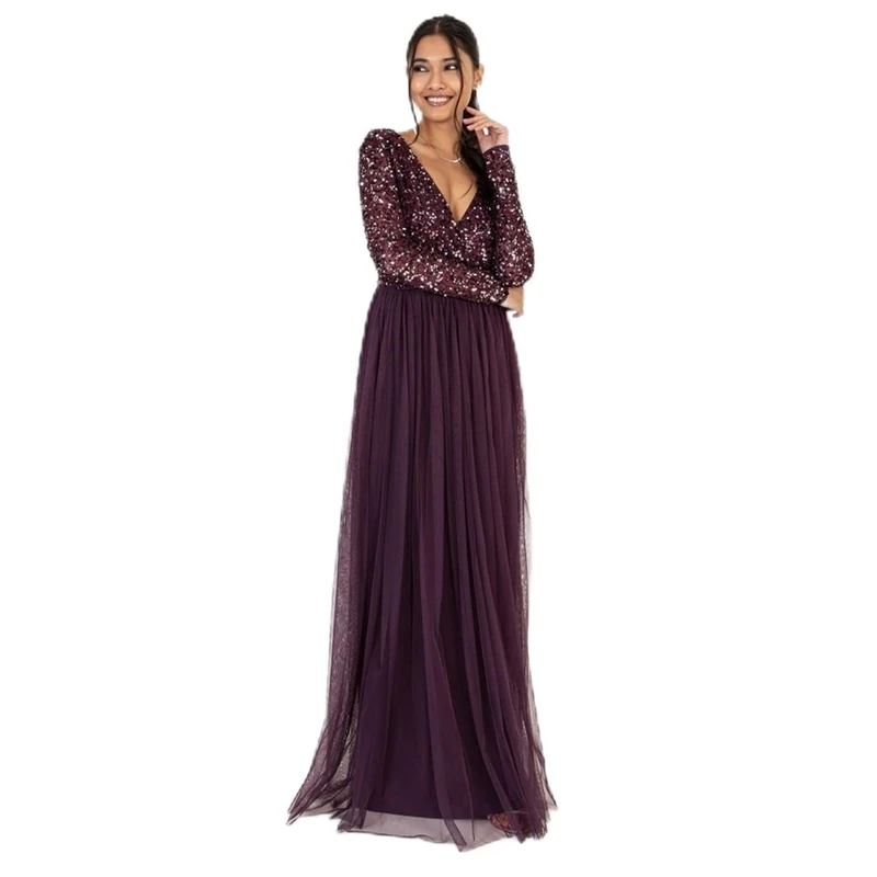 Maya Deluxe Women's Ladies Maxi for Women With Long Sleeves V Neckline Plunging Sequin Embellished Wedding Gue Dress, Berry, 10 UK