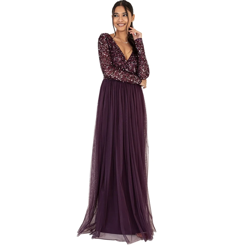 Maya Deluxe Women's Ladies Maxi Dress for Women with Long Sleeves V Neckline Plunging Sequin Embellished for Wedding Guest Bridesmaid Prom Dresses, Berry,