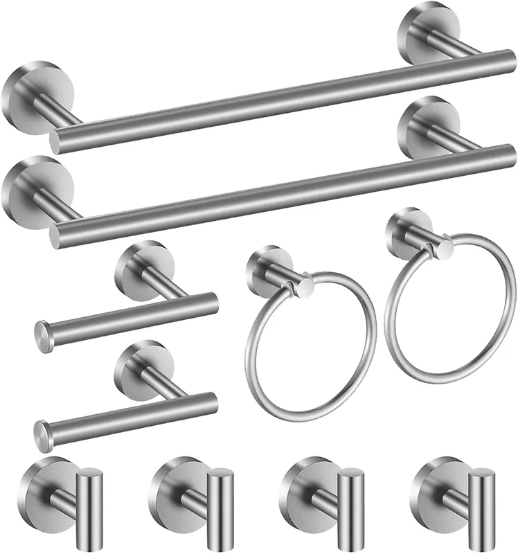 Hinmood Bathroom Hardware Set Brushed Nickel, 10 Pieces Bathroom Accessories Set Includes Includes 2 Packs 24 Inch Towel Bar, Towel Ring, Toilet Holder and 4 Packs Towel Hooks