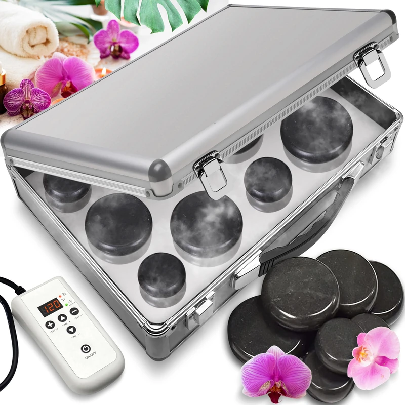 SereneLife Hot Stones Massage Set – Spa-Grade Heated Basalt Stones with Digital Controller in Aluminium Case, 12 Piece Kit for Back & Body Therapy at Home or Salon
