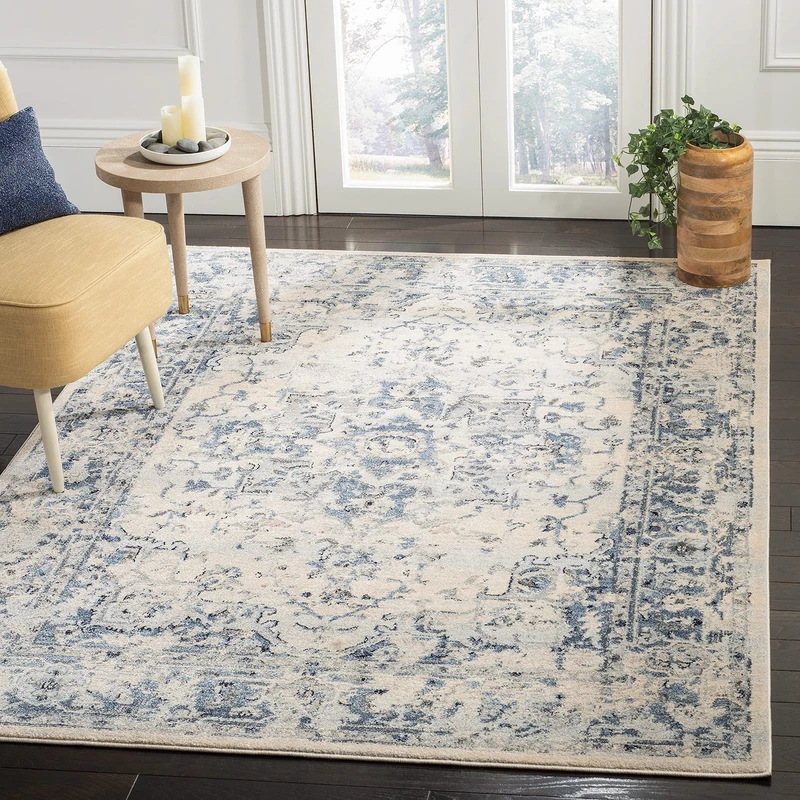 Safavieh Traditional Rug for Living Room, Dining Room, Bedroom, Charleston Collection, Short Pile, in Ivory and Blue, 90 X 150 cm