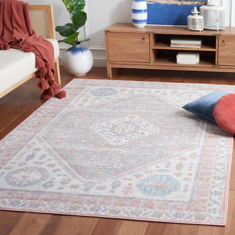 Safavieh Traditional Rug Ideal for High Traffic Areas - Machine Washable - Arizona Collection, Short Pile, in Ivory and Blue, 160 X 229 cm