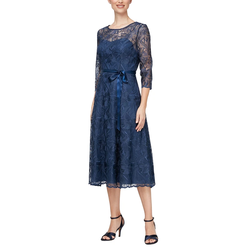 Alex Evenings Women's Tea Length Embroidered Dress Illusion Sleeves (Petite Missy) Special Occasion, Bright Navy, 14
