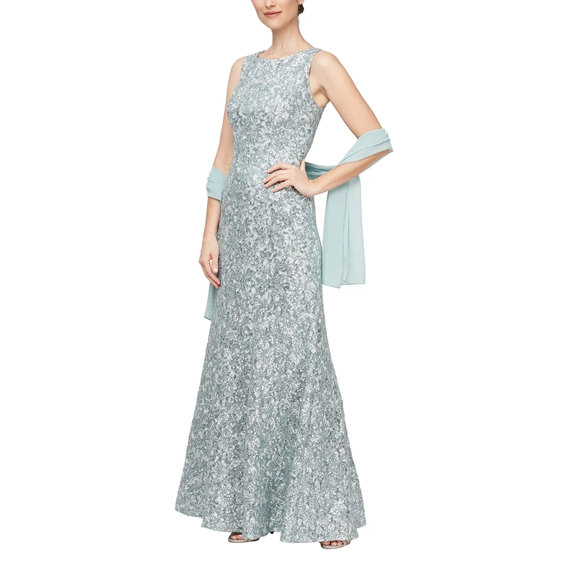 Alex Evenings Women's Long Sleeveless Mother of The Bride Dress with Shawl (Petite and Regular Sizes) Special Occasion, Ice Sage, 12 (Pack of 2)