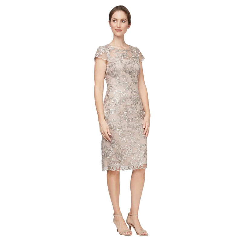 Alex Evenings Women's Short Floral Embroidered Cocktail Sheath Dress, Wedding Guest, Formal Gown (Petite and Regular Sizes), Champagne Embroidery, 20