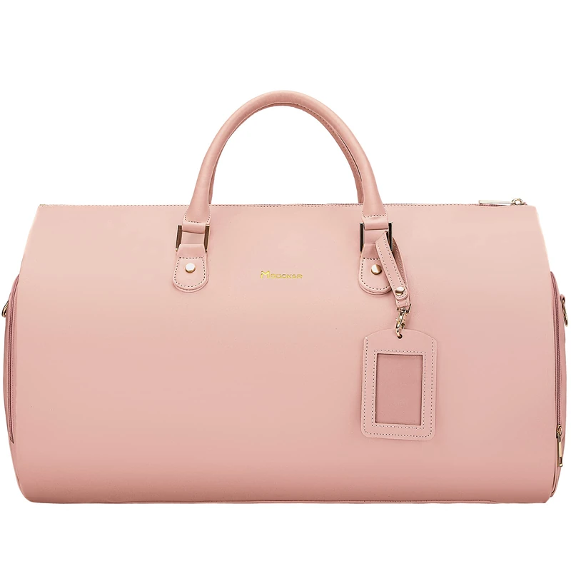 Modoker Women Convertible Leather Garment Bag with Shoulder Strap, Carry on Garment Duffel Bag - 2 in 1 Hanging Suitcase Suit Travel Bags, Pink