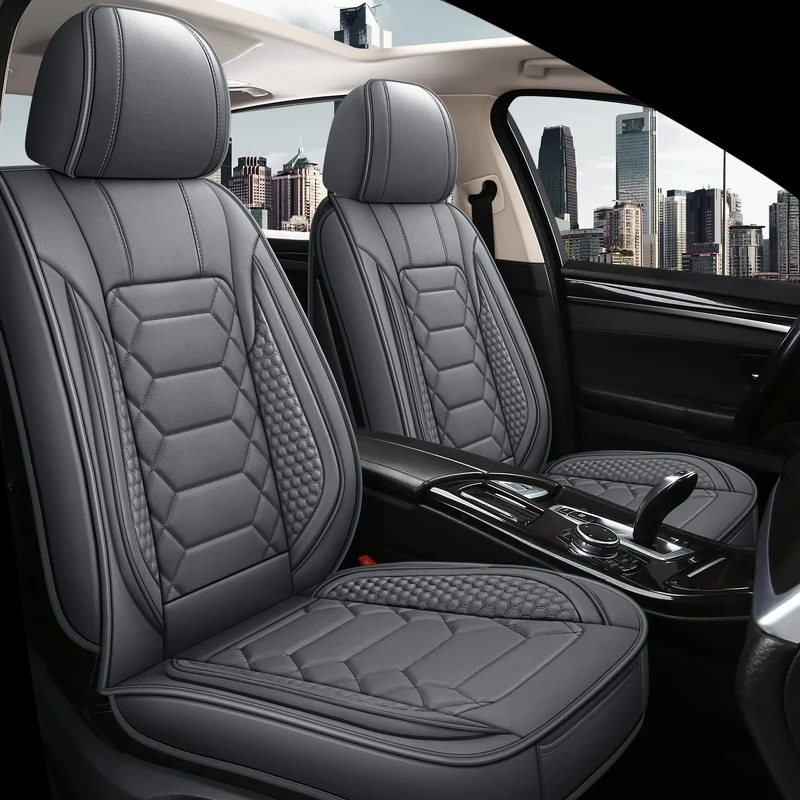 HAIYAOTIMES Leather Car Seat Covers Front Set, Waterproof Faux Leather Seat Covers for Cars, Non-Slip Car Interior Covers Universal Fit for Most Cars Sedans Trucks SUVs, Gray