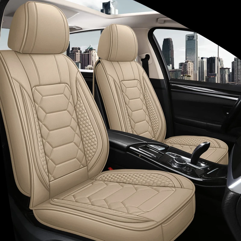 HAIYAOTIMES Leather Car Seat Covers Full Set, Waterproof Leatherette Automotive Vehicle Cushion Cover with Non-Slip Bottom, Universal Fit for Most Cars, sedans, Vans, SUVs, Beige