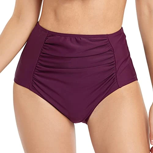 Deriwone Women High Waisted Bikini Bottoms Tummy Control Swim Briefs Ruched Swim Bottoms S,Burgundy