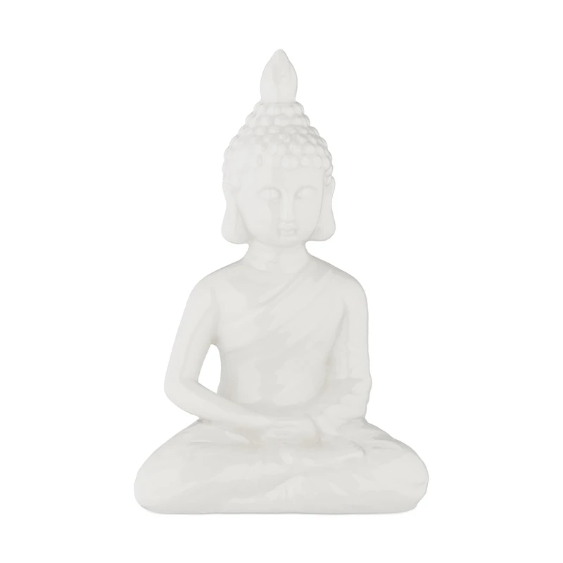 Relaxdays Sitting Buddha Figurine, 17 cm, Decorative Ornament for Living Room and Bathroom, Moisture-Resistant, White, Ceramics, 17x11x7 cm