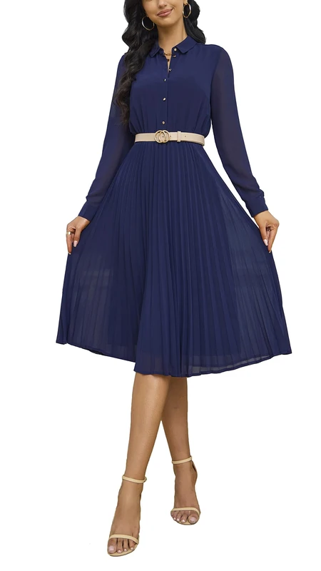 AbleTree Pleated Work Dress for Women Long Sleeve Midi Collared Dresses for Office Business Casual Church, Navy Blue, M