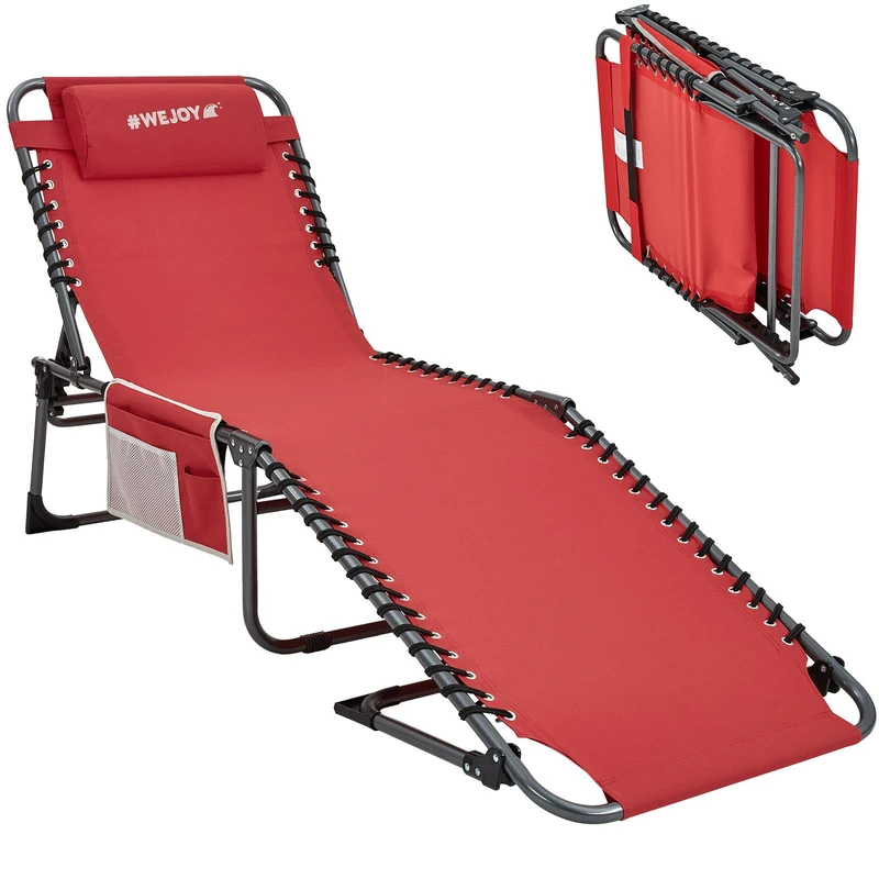 #WEJOY Outdoor Folding Chaise Lounge Chair for Outside, Patio, Beach, Poolside, Sunbathing, Adjustable 5-Position Reclining Chairs, Heavy Duty Camping Cot with Shoulder Strap and Pillow, Red