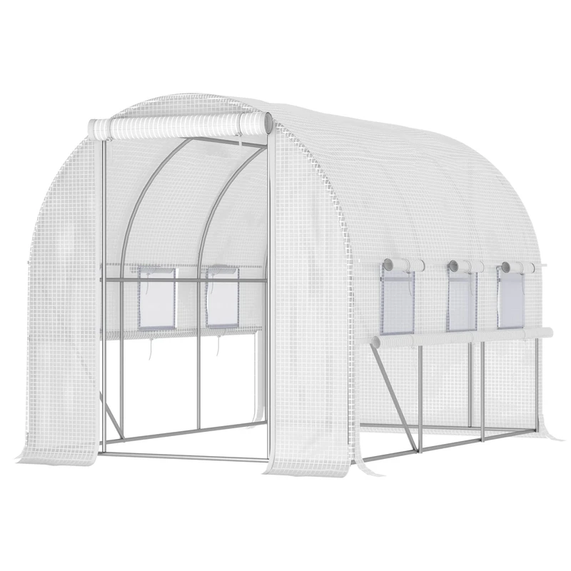 Outsunny 3 x 2 x 2m Polytunnel Greenhouse with Roll-up Sidewalls, Door and 6 Mesh Windows, Walk In Green House with UV-resistant PE Cover, White