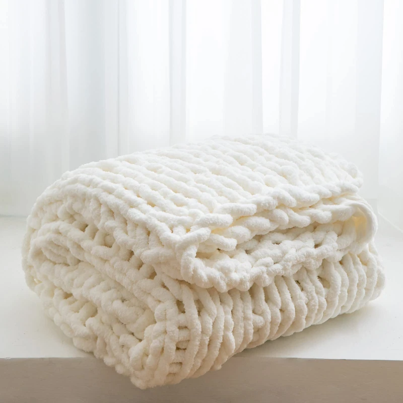 WESHIONGOO Chunky Knit Throw Blanket 50"×60" Knitted Throw Blankets for Couch Bed Fluffy Soft Blanket with Jumbo Chenille Yarn Thick 100% Handmade (Cream White) - Image 1
