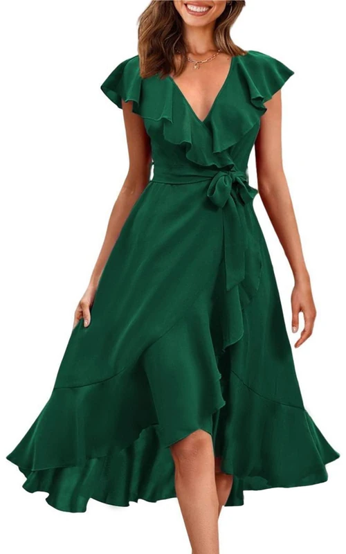 PRETTYGARDEN Women's 2023 Summer Wrap Maxi Dress Casual Boho Deep V Neck Short Sleeve Ruffle Hem Split Beach Long Dresses, Dark Green, M