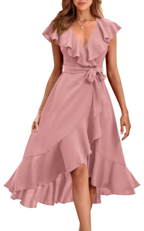 PRETTYGARDEN Women's 2023 Summer Wrap Maxi Dress Casual Boho Deep V Neck Short Sleeve Ruffle Hem Split Beach Long Dresses, Pink, M - Image 1