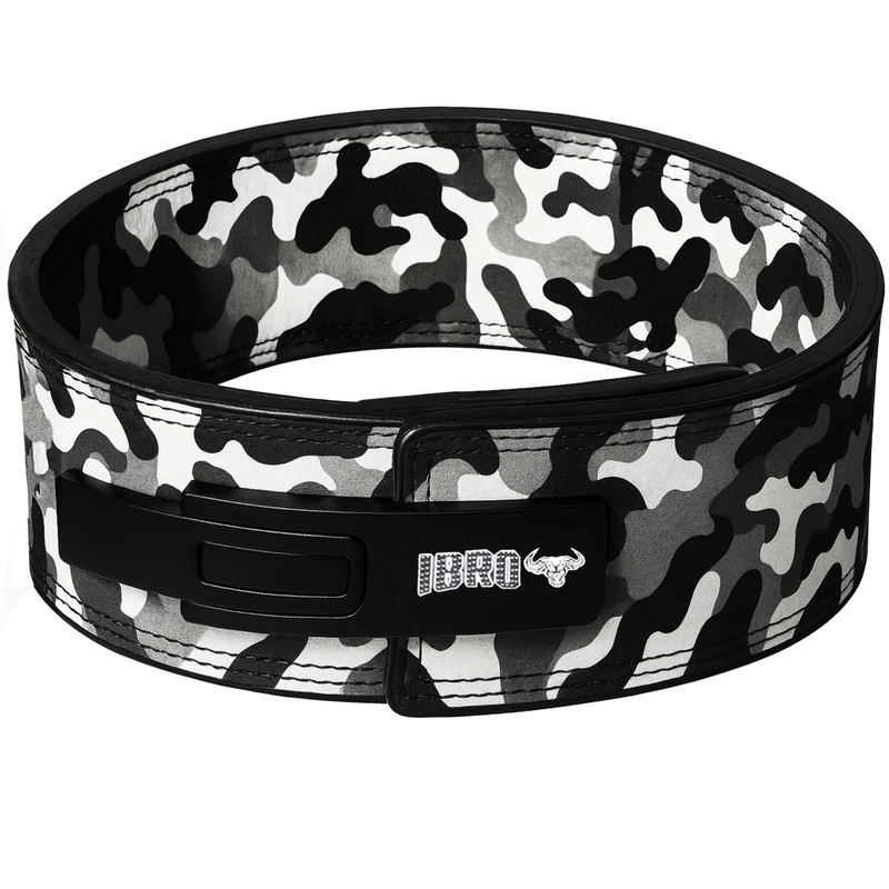 IBRO Powerlifting Lever Gym Belt – Power 10MM Extreme Heavy Duty Genuine Leather Belts - Squats Deadlifts Bodybuilding Weight Lifting IPF Power Lifting Strongman for Men 10mm Grey Camo S