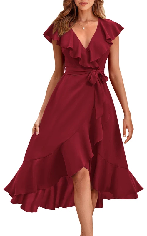 PRETTYGARDEN Women's Summer Wrap Maxi Dress Casual Boho Deep V Neck Short Sleeve Ruffle Hem Split Beach Long Dresses, Wine Red, S