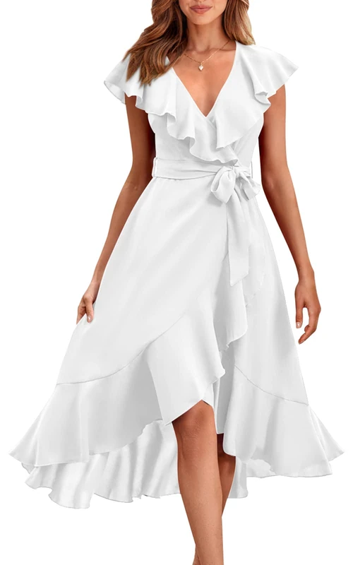 PRETTYGARDEN Women's 2023 Summer Wrap Maxi Dress Casual Boho Deep V Neck Short Sleeve Ruffle Hem Split Beach Long Dresses, White, XL