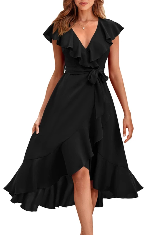 PRETTYGARDEN Women's 2023 Summer Wrap Maxi Dress Casual Boho Deep V Neck Short Sleeve Ruffle Hem Split Beach Long Dresses, Black, S - Image 1