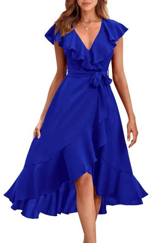 PRETTYGARDEN Women's 2023 Summer Wrap Maxi Dress Casual Boho Deep V Neck Short Sleeve Ruffle Hem Split Beach Long Dresses, Blue, L - Image 1