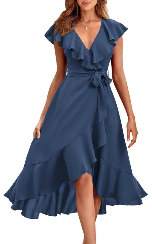 PRETTYGARDEN Women's 2023 Summer Wrap Maxi Dress Casual Boho Deep V Neck Short Sleeve Ruffle Hem Split Beach Long Dresses, Lake Blue, S
