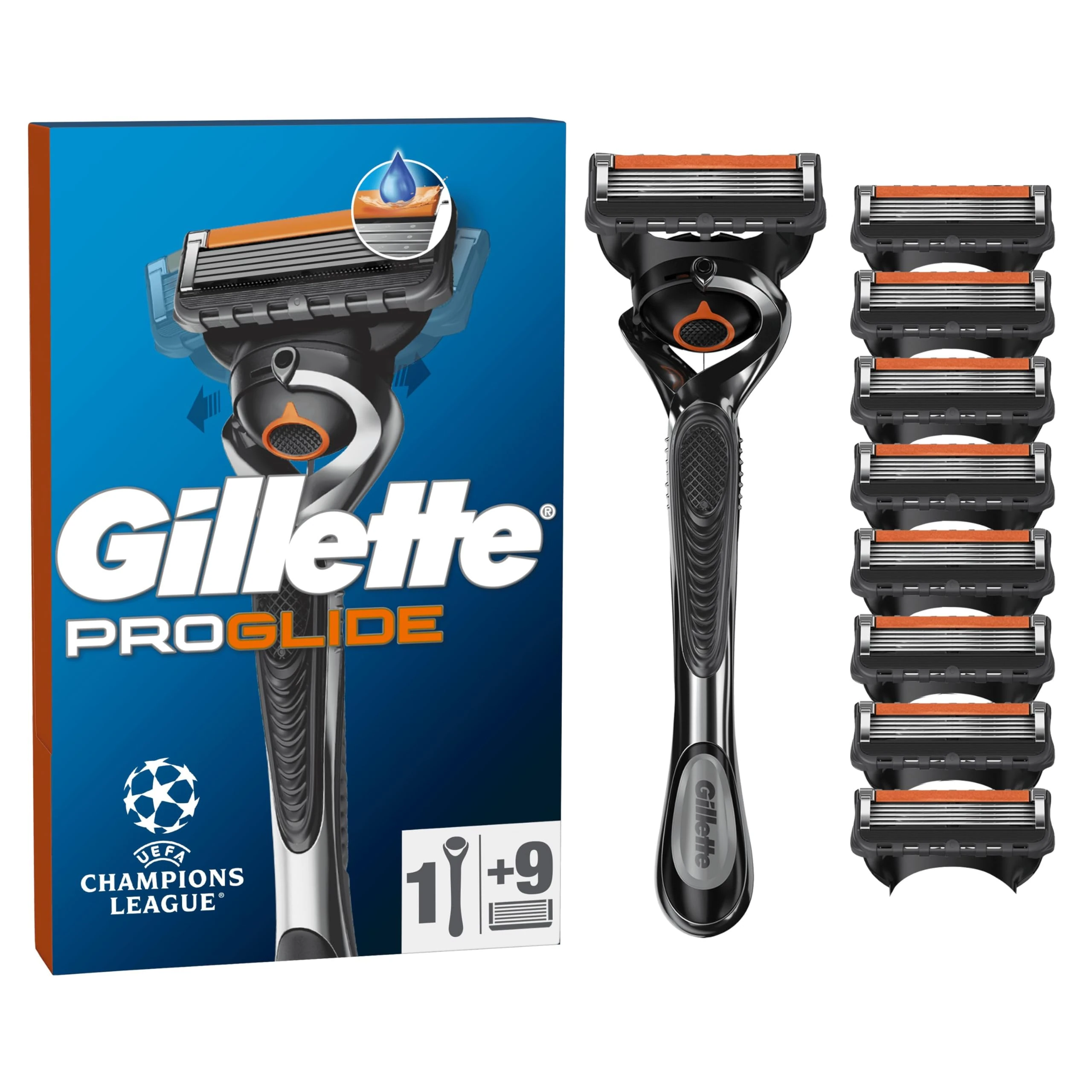 Gillette ProGlide Razor for Men, 1 Gillette Razor, 9 Razor Blade Refills, Designed for a Close Shave, with Lubrastrip