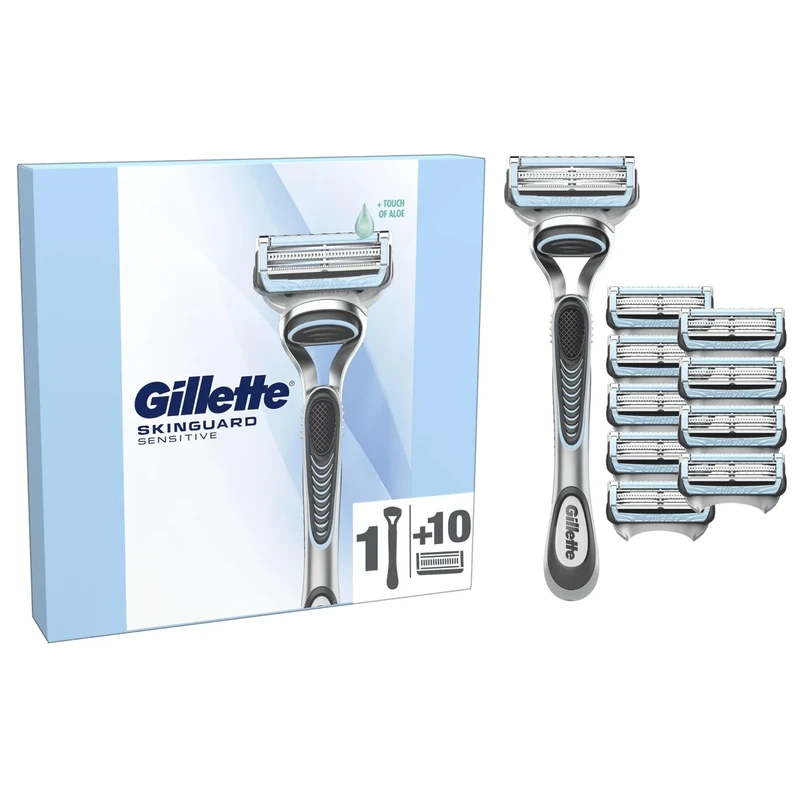 Gillette SkinGuard Sensitive Razor for Men, 1 Men's Razor Handle with 10 Blade Refills, Gentle Shave for Sensitive Skin, Reduces Irritation and Bumps