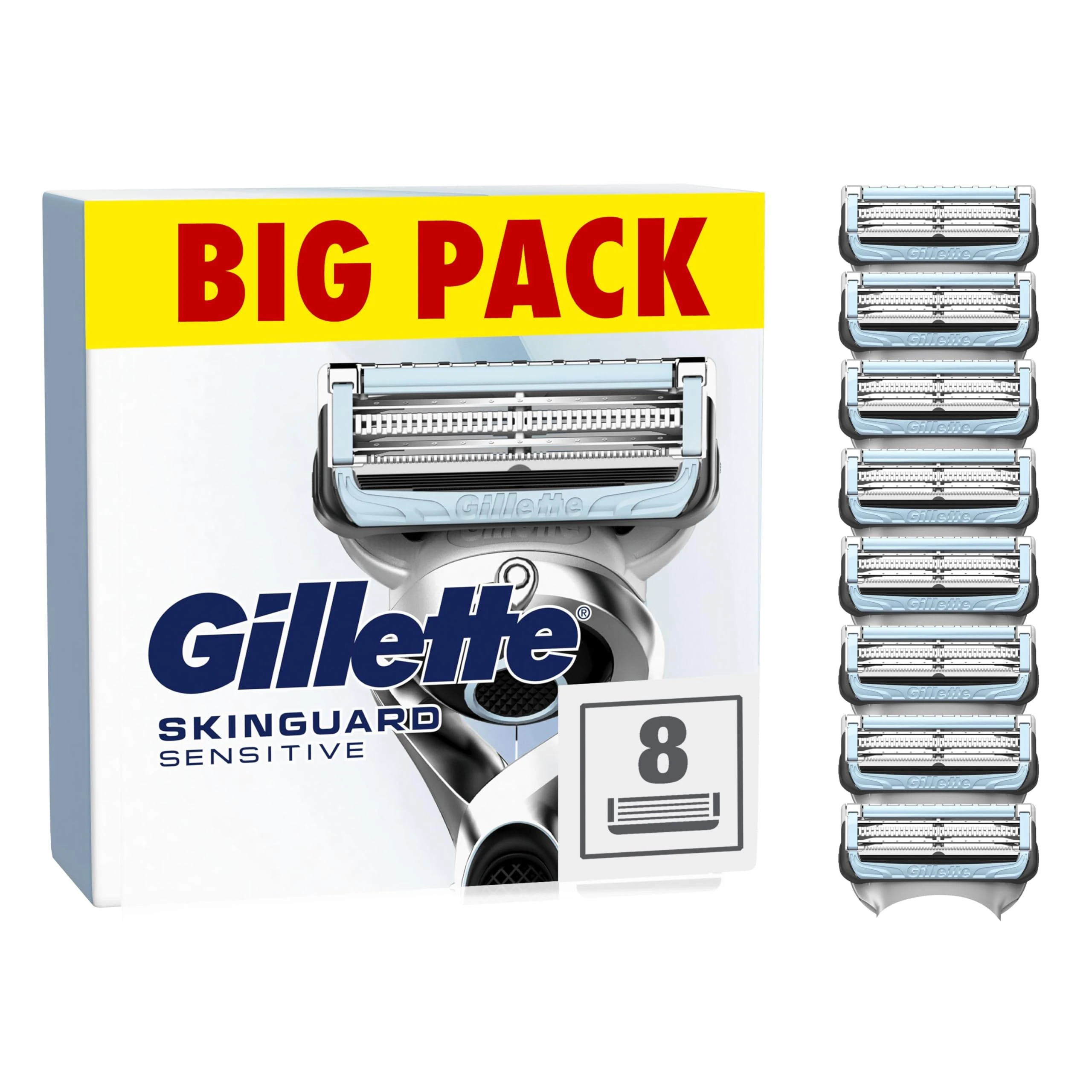Gillette SkinGuard Sensitive Razor Blades Men, Pack of 8 Razor Blade Refills with Precision Trimmer, Fits All Skinguard ProGlide ProShield and Fusion5 Gillette Razors for Men Handles