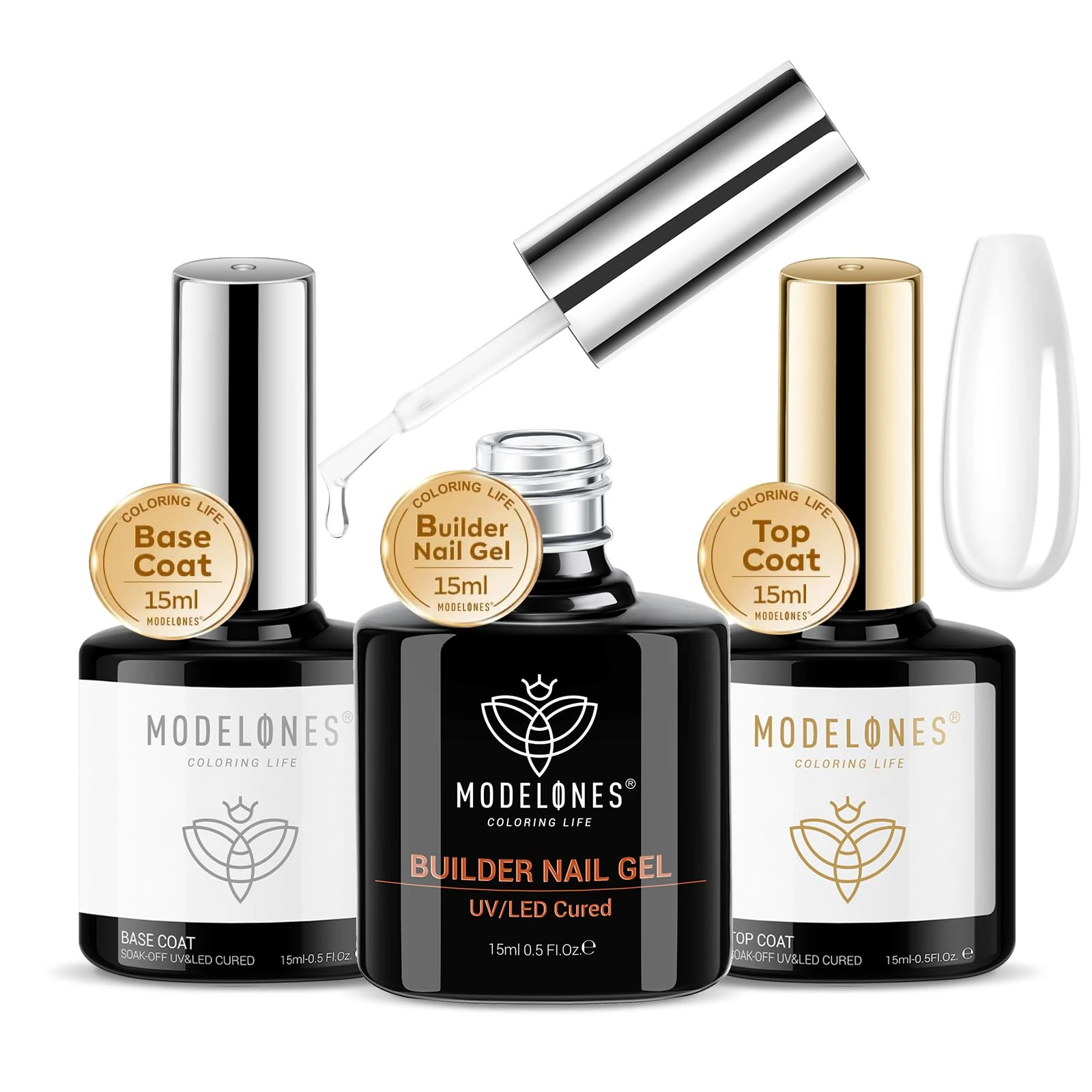 Modelones Builder Gel with Top Coat and Base Coat Set, 3Pcs No Wipe Base and Top Coat Gel Nail Polish with Gel Builder for Nails, Hard Gel Nail Strengthener Extension Builder Gel in a Bottle
