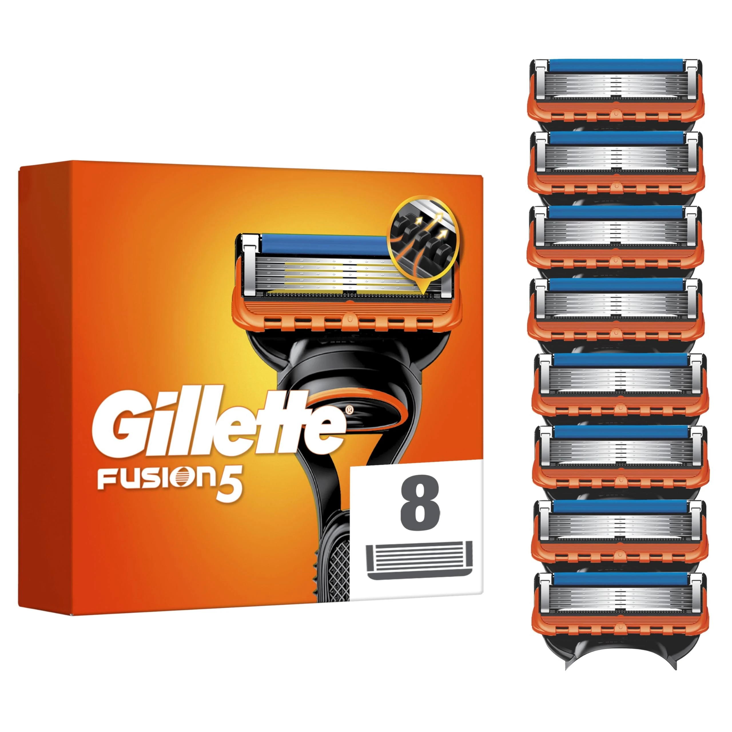 Gillette Fusion5 Razor Blades Men, Pack of 8 Razor Blade Refills with Precision Trimmer, 5 Anti-Friction Blades