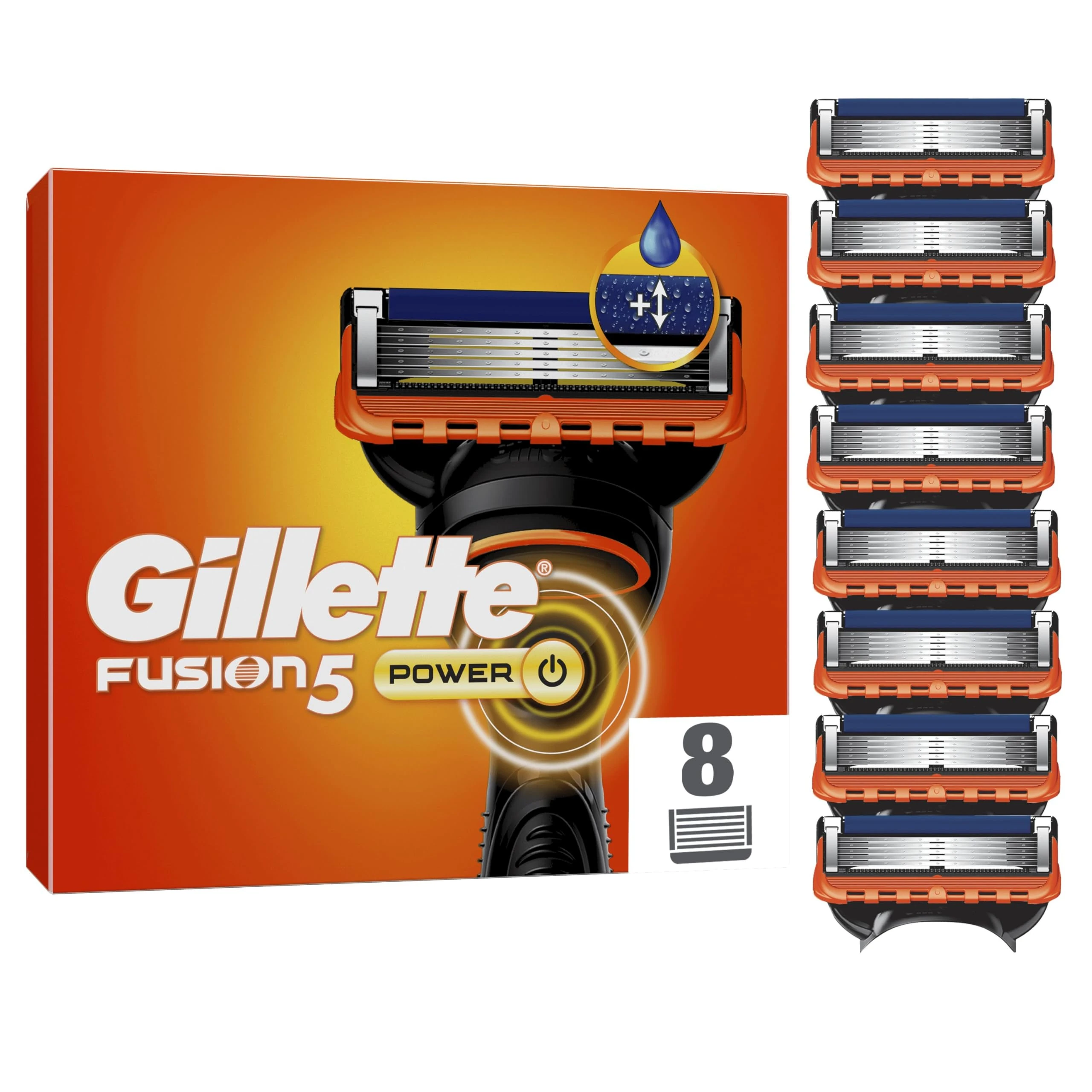 Gillette Fusion5 XL Power Razor Blades Men, Pack of 8 Razor Blade Refills with Precision Trimmer, 5 Anti-Friction Blades