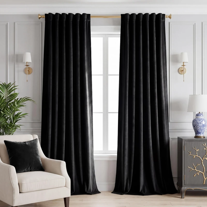 StangH Black Velevt Curtains 90 inches Long - 2 Panels Blackout Room Darkening Drapes for Bedroom Thermal Insulated Window Curtains for Industrial Decor/Bedroom/Living Room, W52 x L90, 2 Panels