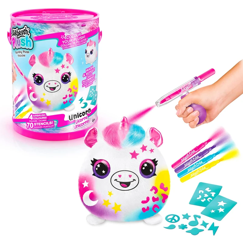 Canal Toys - Airbrush Plush OFG 266- Airbrush Your Plush Toy, Paint Your Own Plush Toy with Electric Airbrush Spray Gun, Markers and Stencils, 1 Surprise Plush, Multi-Colour