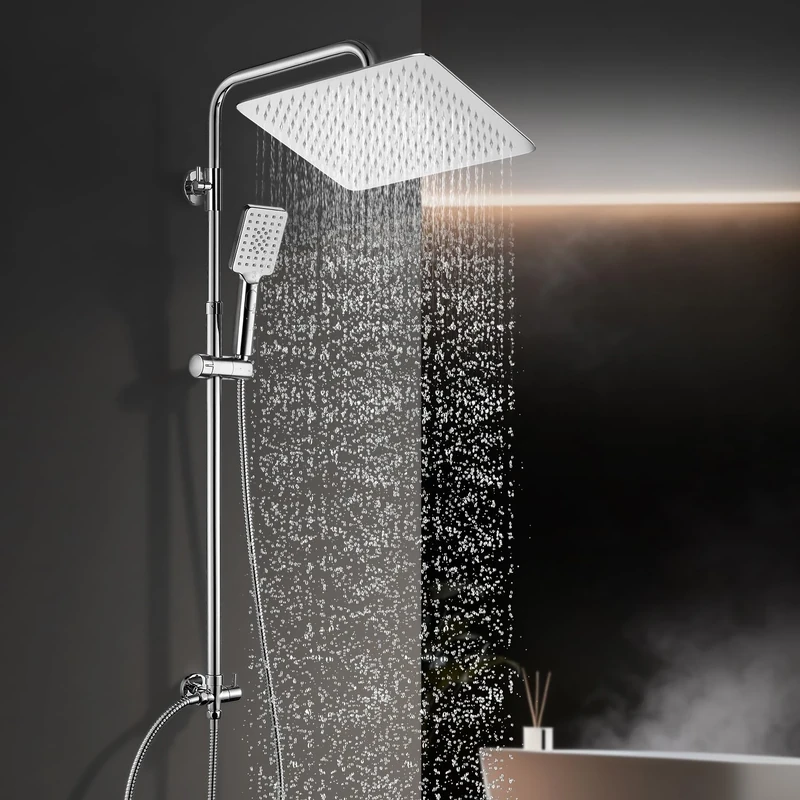 Görbach Shower Column Without Taps Mechanical Shower Column Shower Cabin Bath Shower Head Bathroom with Adjustable Fixings and Square Rain Head 30 x 30 cm