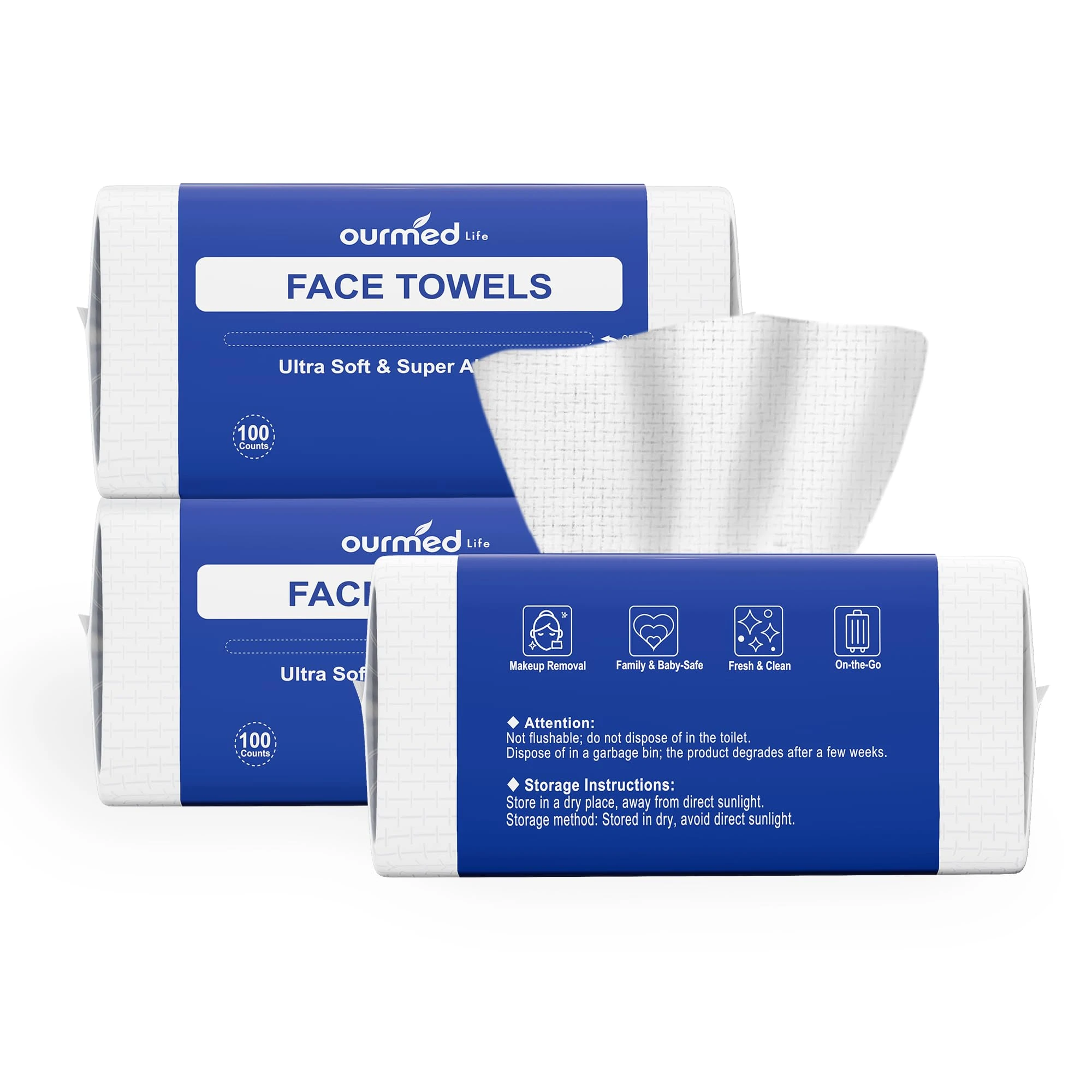 Ourmed Life Face Towels, Disposable Biodegradable Clean Face Wipes for Sensitive Skin, Lint- free Facial Towels for Women Cleansing, Skincare and Makeup Remover, Dry Wipes,300 Count EF Texture
