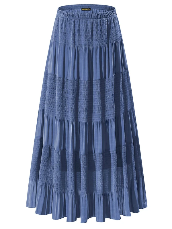 NASHALYLY Women's Chiffon Elastic High Waist Pleated A-Line Flared Maxi Skirts, Beja Blue, S