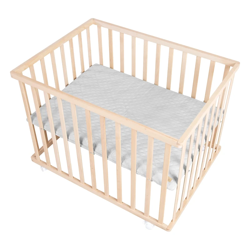 roba Organic Beech Playpen 75×100 cm with 'roba Style Grey' Liner – 3-Level Height Adjustable Play Yard with Lockable Wheels