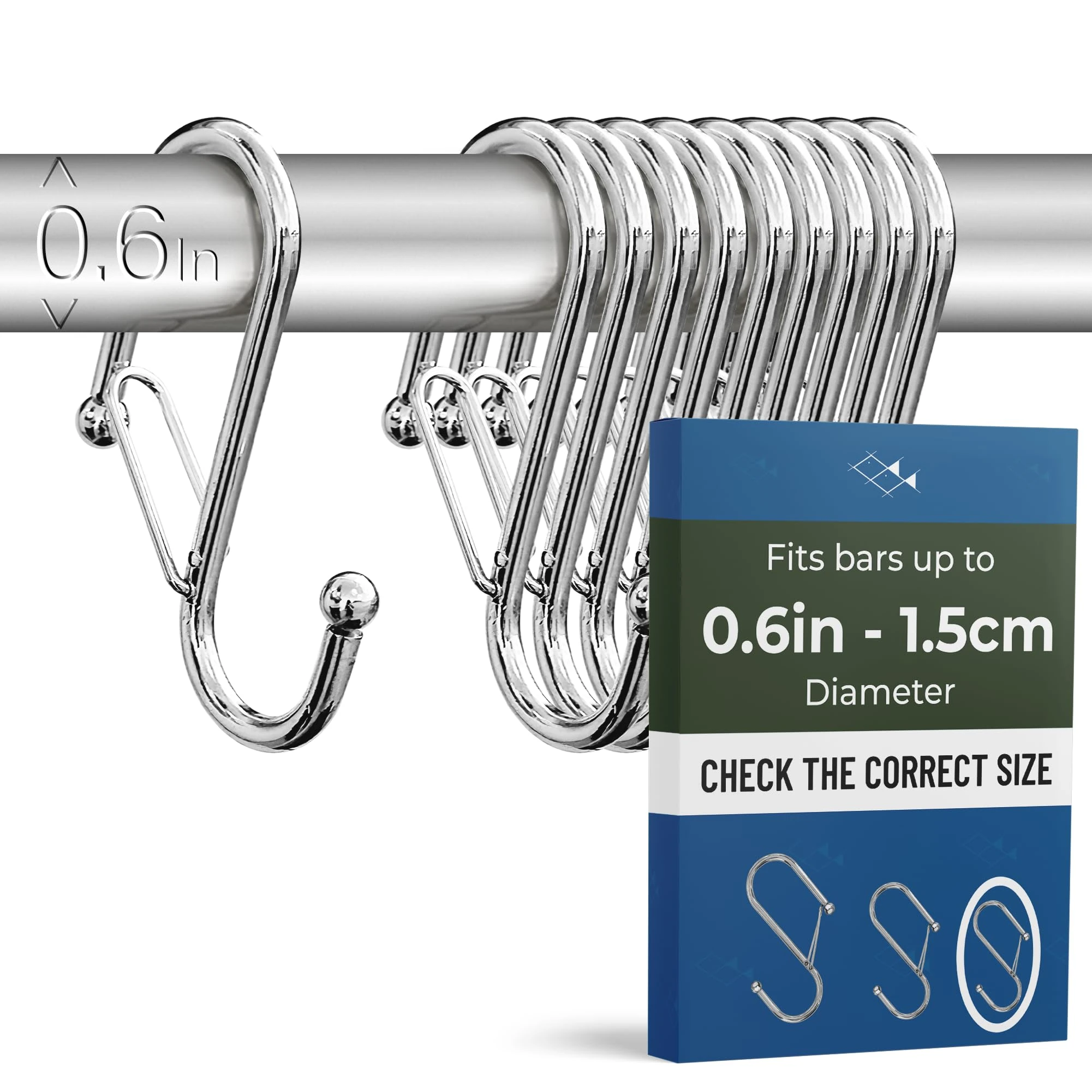 Blau Marité 10 Pack S Hooks for Hanging for Bars up to 0.6 Inch (1.5 cm) Diameter - Anti-Drop Hooks with Safety Buckle – Heavy-Duty for Kitchen & Bathroom – Silver (Small)