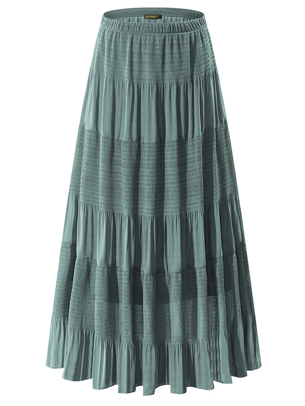 NASHALYLY Women's Chiffon Elastic High Waist Pleated A-Line Flared Maxi Skirts, Sage Green, XL