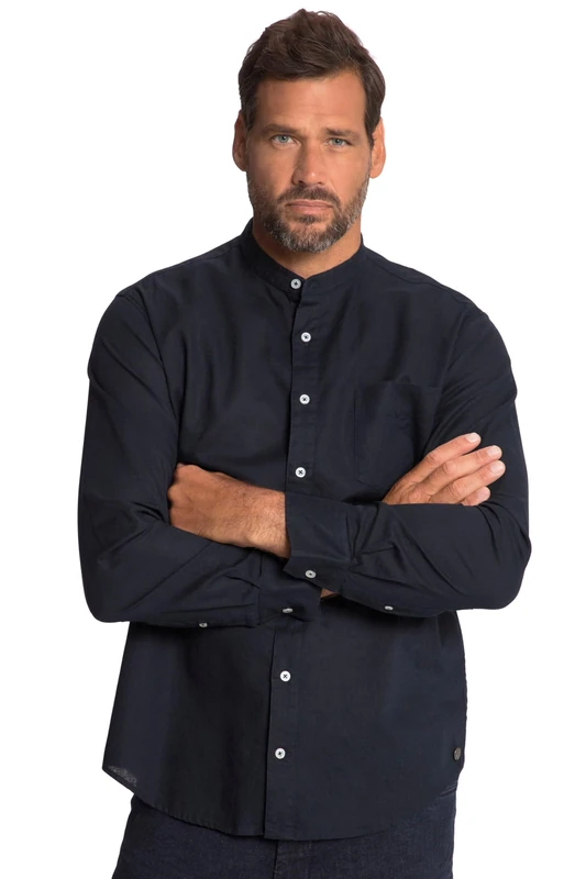 JP 1880 Men's Large Sizes Plus Sizes Menswear L-8XL Shirt, Long Sleeve, Linen Mix, Stand-Up Collar, Modern Fit 790394, Dark Navy, 6XL
