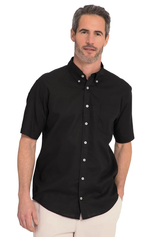 JP 1880 Men's Linen Shirt, Half Sleeve, Button-Down Collar, Modern fit, Black, 3XL