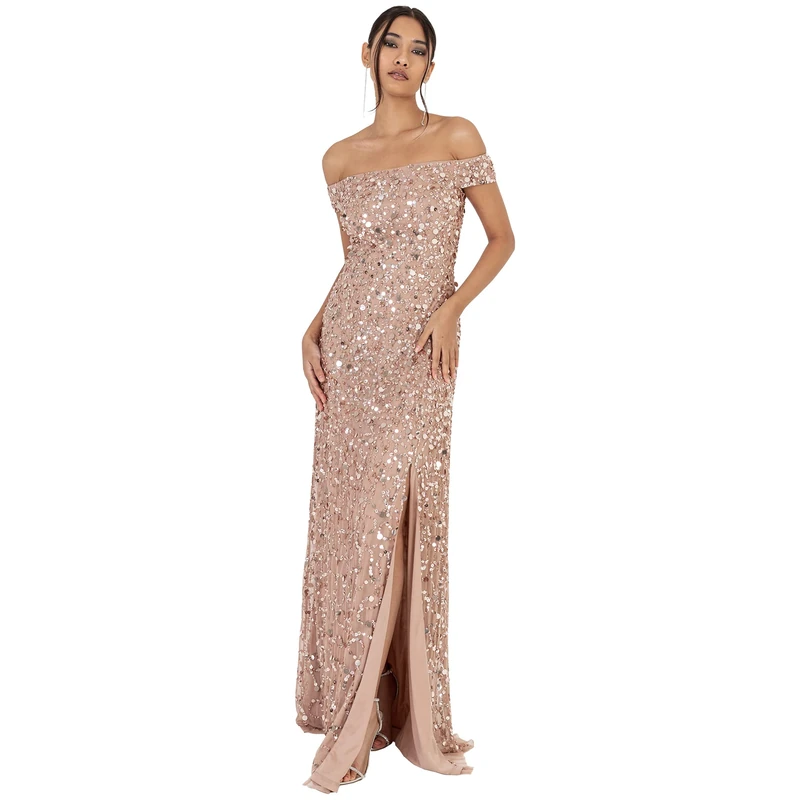 Maya Deluxe Women's Ladies Maxi With Slit Split Bardot Sleevless Sequin Embellishment Evening Gown for Wedding Gue Dress, Taupe Blush, 10 UK