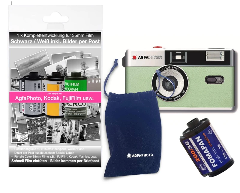 AgfaPhoto Analogue 35 mm Photo Camera in Complete Set: Film + Battery + Development Kit for up to 36 Black/White Pictures (by Post)