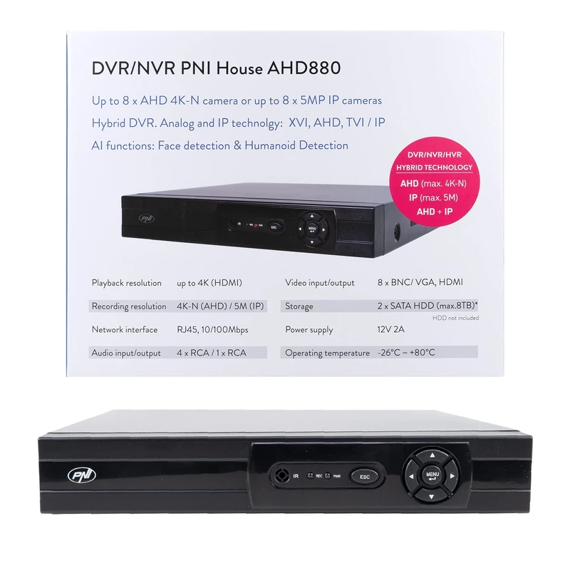DVR/NVR PNI House AHD880, 8 analog channels 4K-N or 8 channels 5MP, H265+, audio input, audio output, USB2.0, 2 x SATA max 8TB