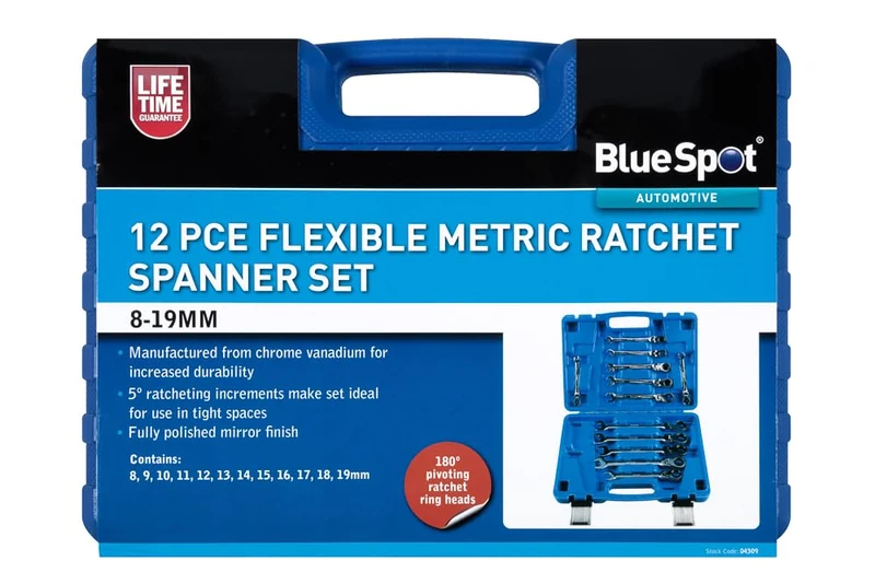 Blue Spot Tools 12PCE Flexible Metric Ratchet Spanner Set (8-19mm)