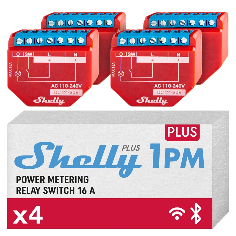 Shelly Plus 1PM | Wi-Fi & Bluetooth Relay Switch With Power Metering | Home Automation Smart Home | Works With Alexa & Google Home | iOS & Android App | No Hub Required | DIY Lamp Control (4 Pack)